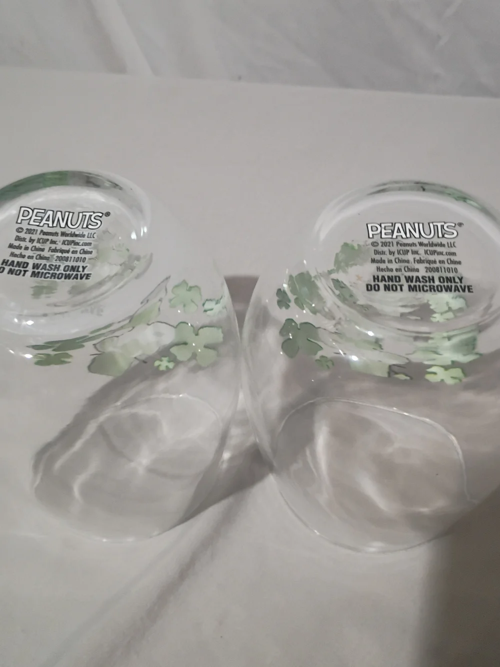 Peanuts Set Of 2 Stemless Wine Glasses. St Patrick's Day/Irish Theme